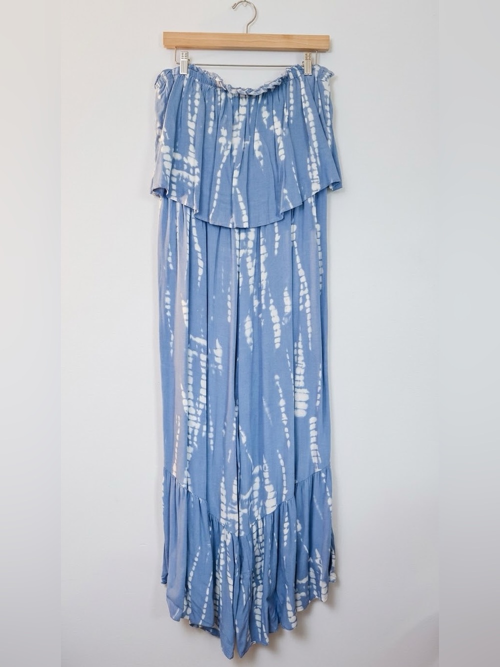 Japna Blue and White Tie-Dye Off-Shoulder Wide-Leg Jumpsuit